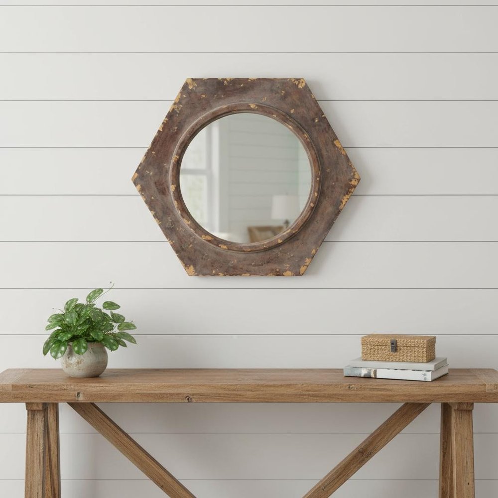 24" Bronze Hexagon Distressed Wood Framed Accent Mirror