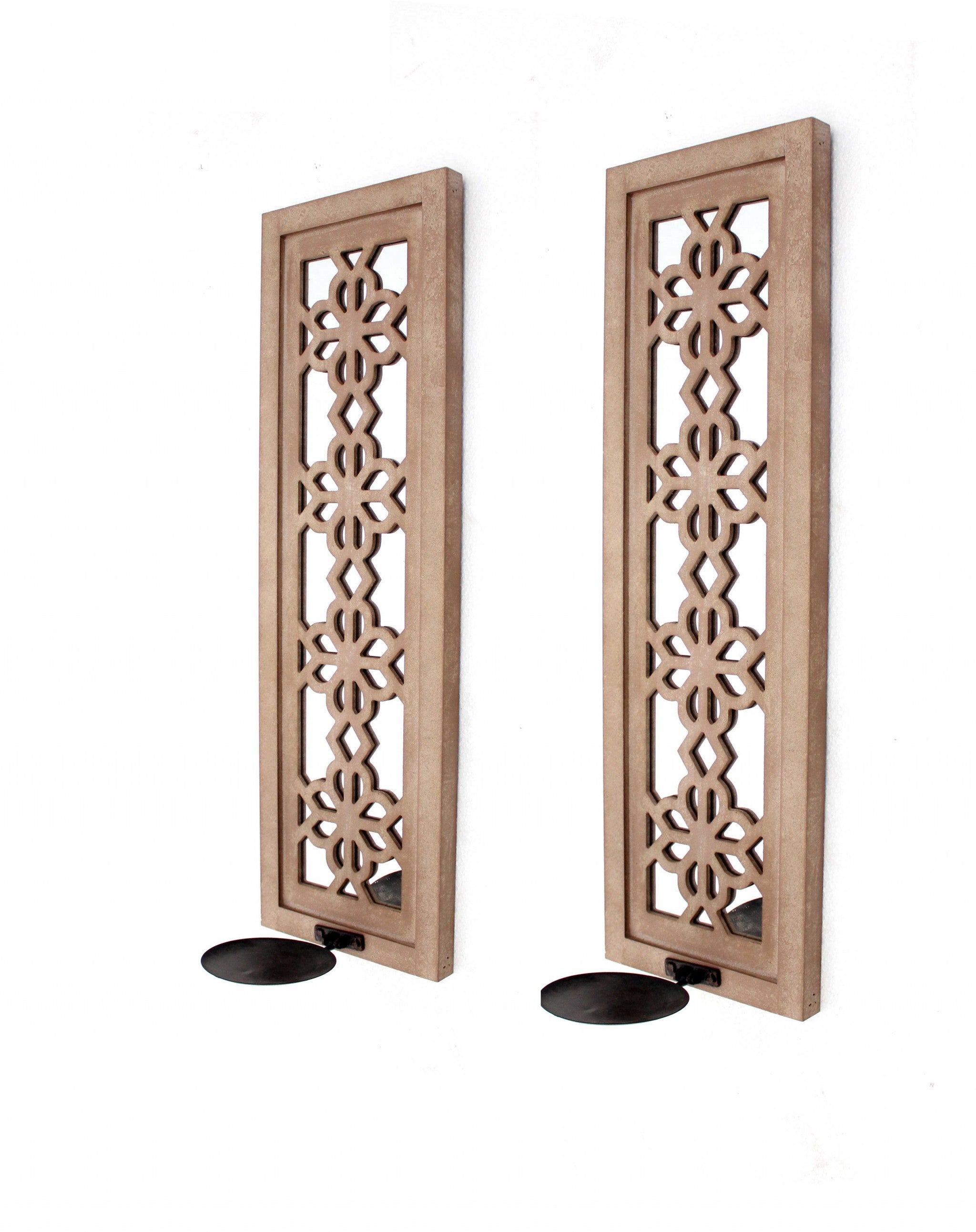 Set of Two Tan Lattice Wall Sconce Candle Holders