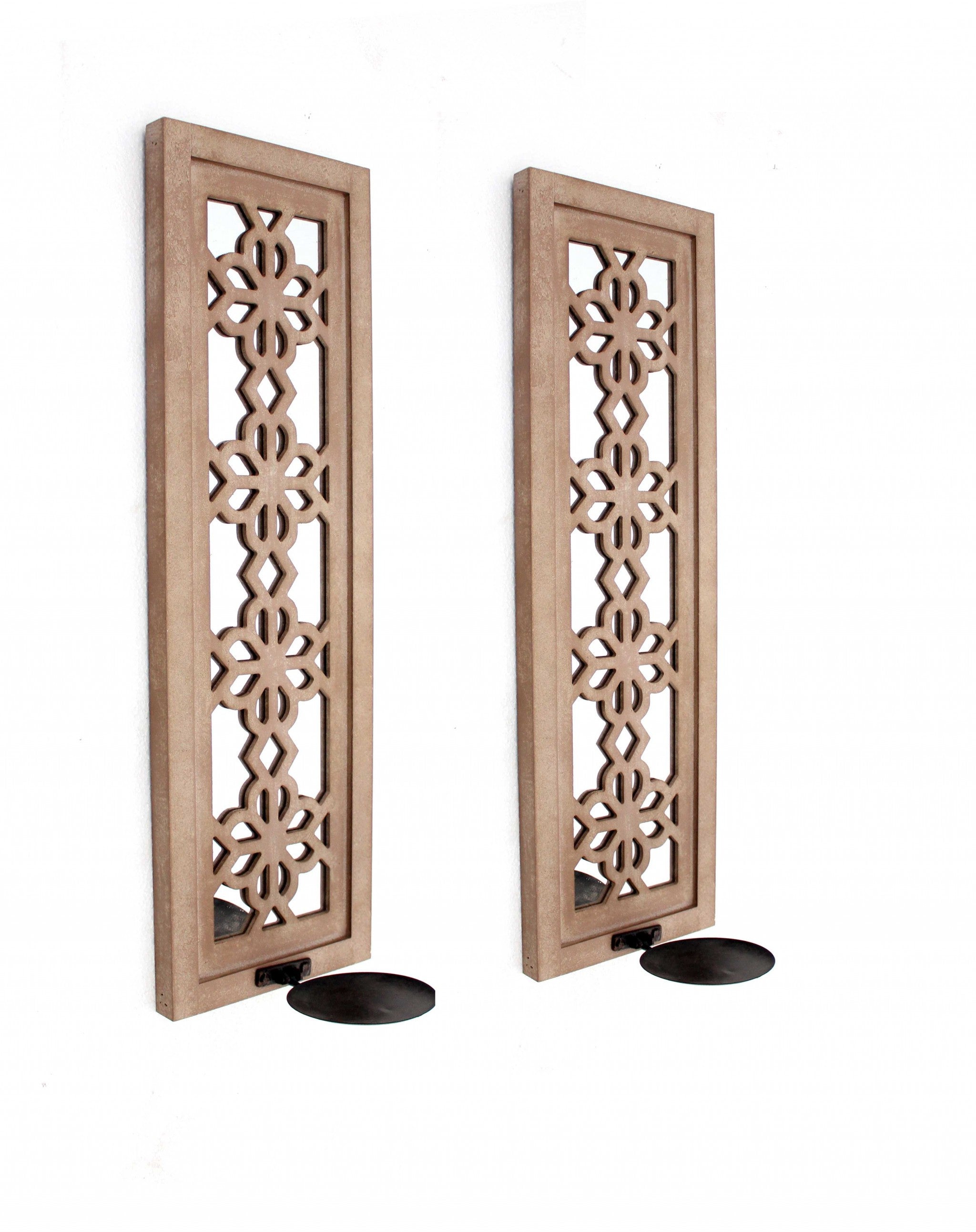 Set of Two Tan Lattice Wall Sconce Candle Holders