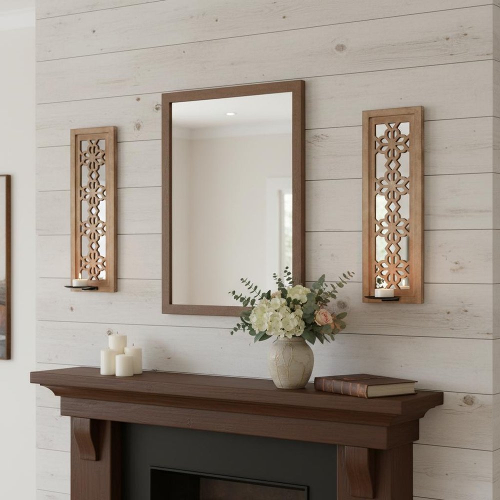 Set of Two Tan Lattice Wall Sconce Candle Holders