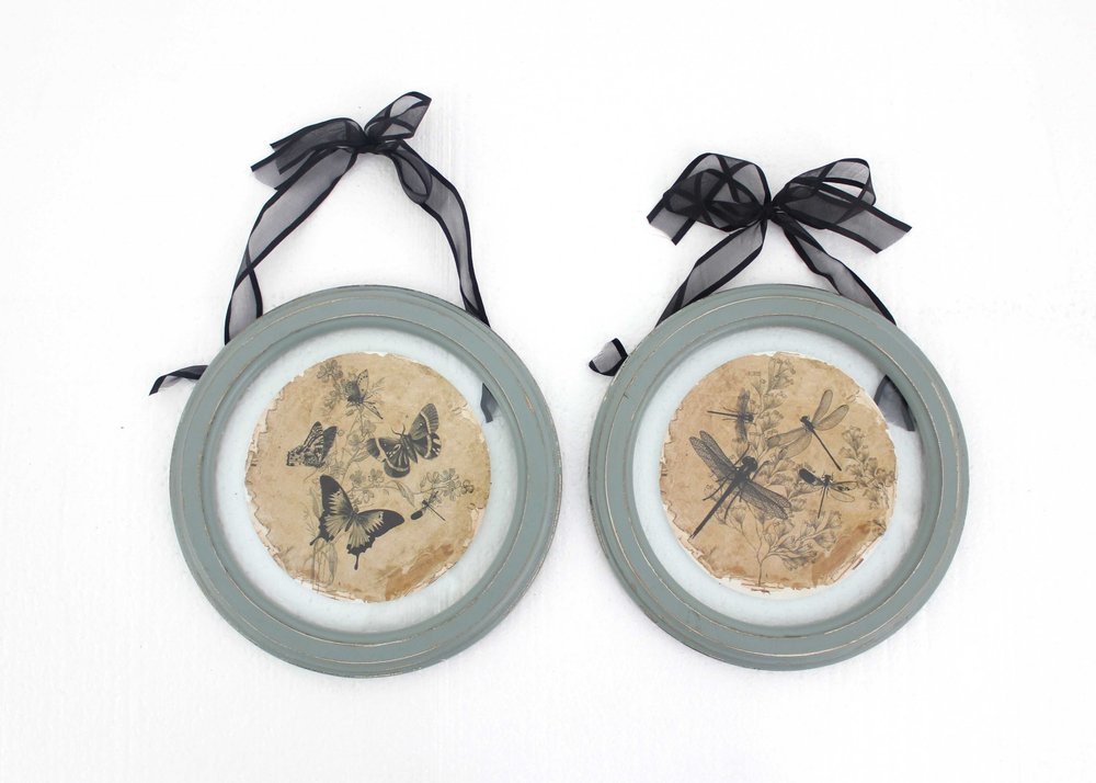 Set of Two Green And Ivory Butterfly Glass Circle