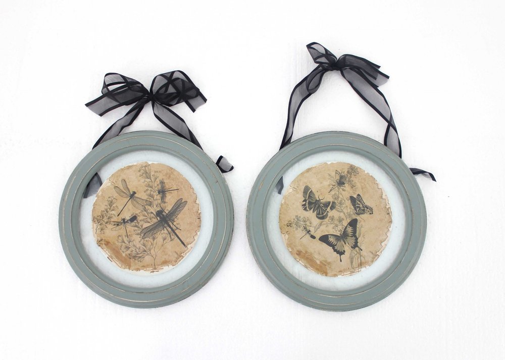 Set of Two Green And Ivory Butterfly Glass Circle