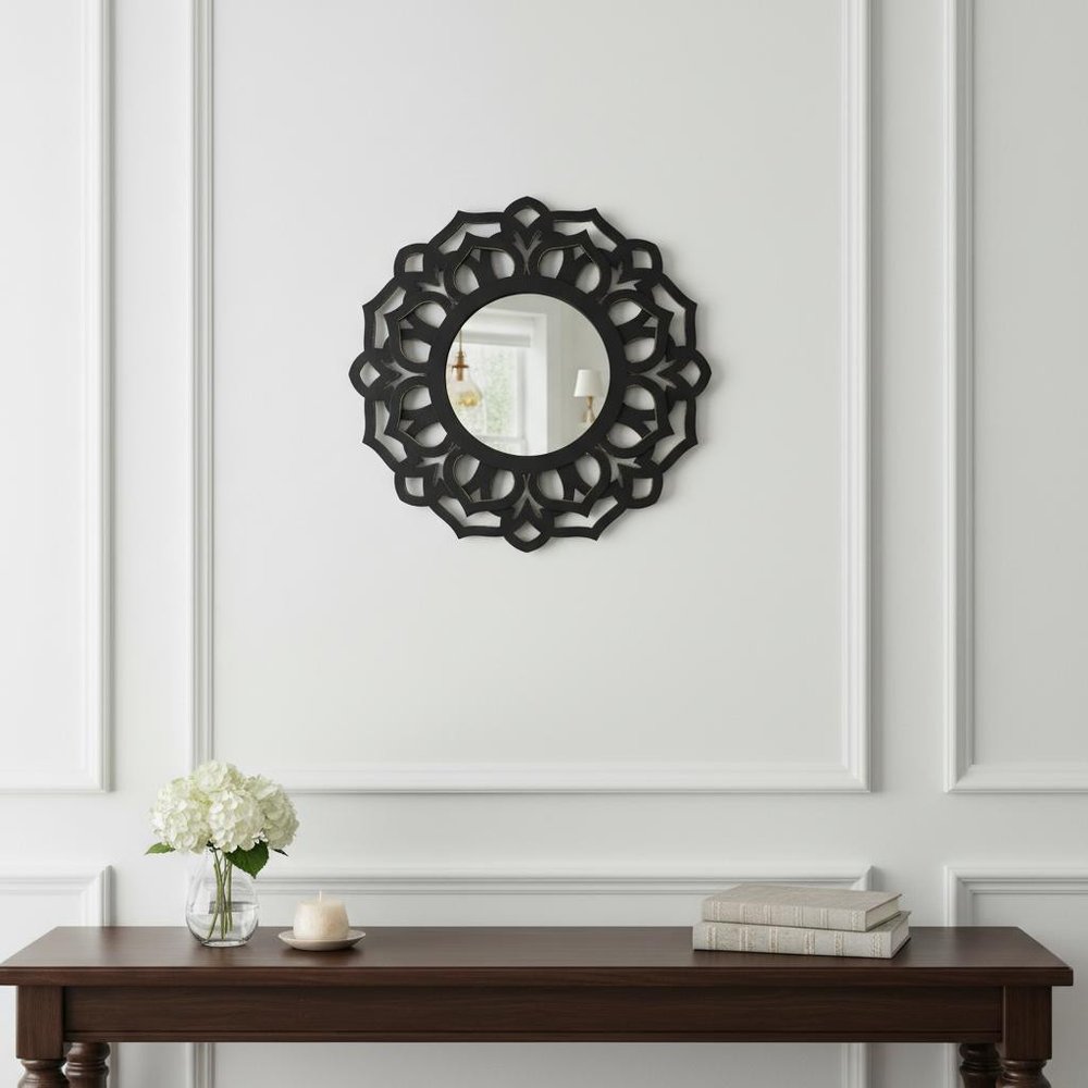 24" Black Abstract Wood Framed Accent Mirror