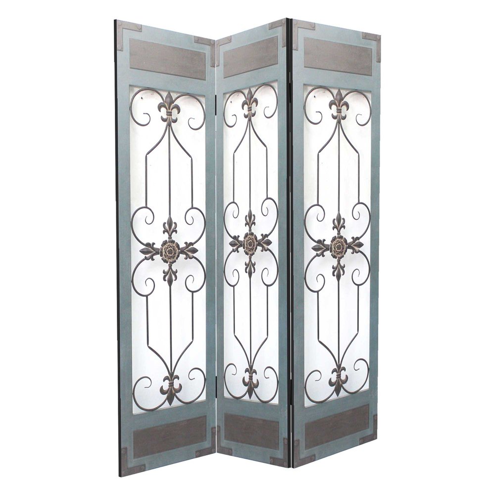 72" Blue Metal Folding Three Panel Screen Room Divider