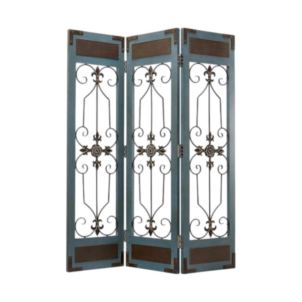 72" Blue Metal Folding Three Panel Screen Room Divider