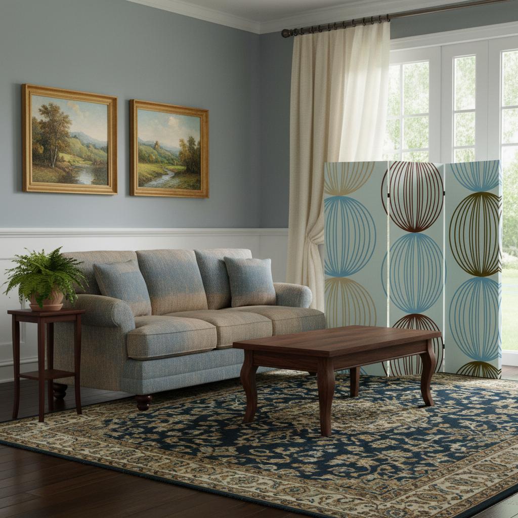 72" Blue Canvas Folding Three Panel Screen Room Divider