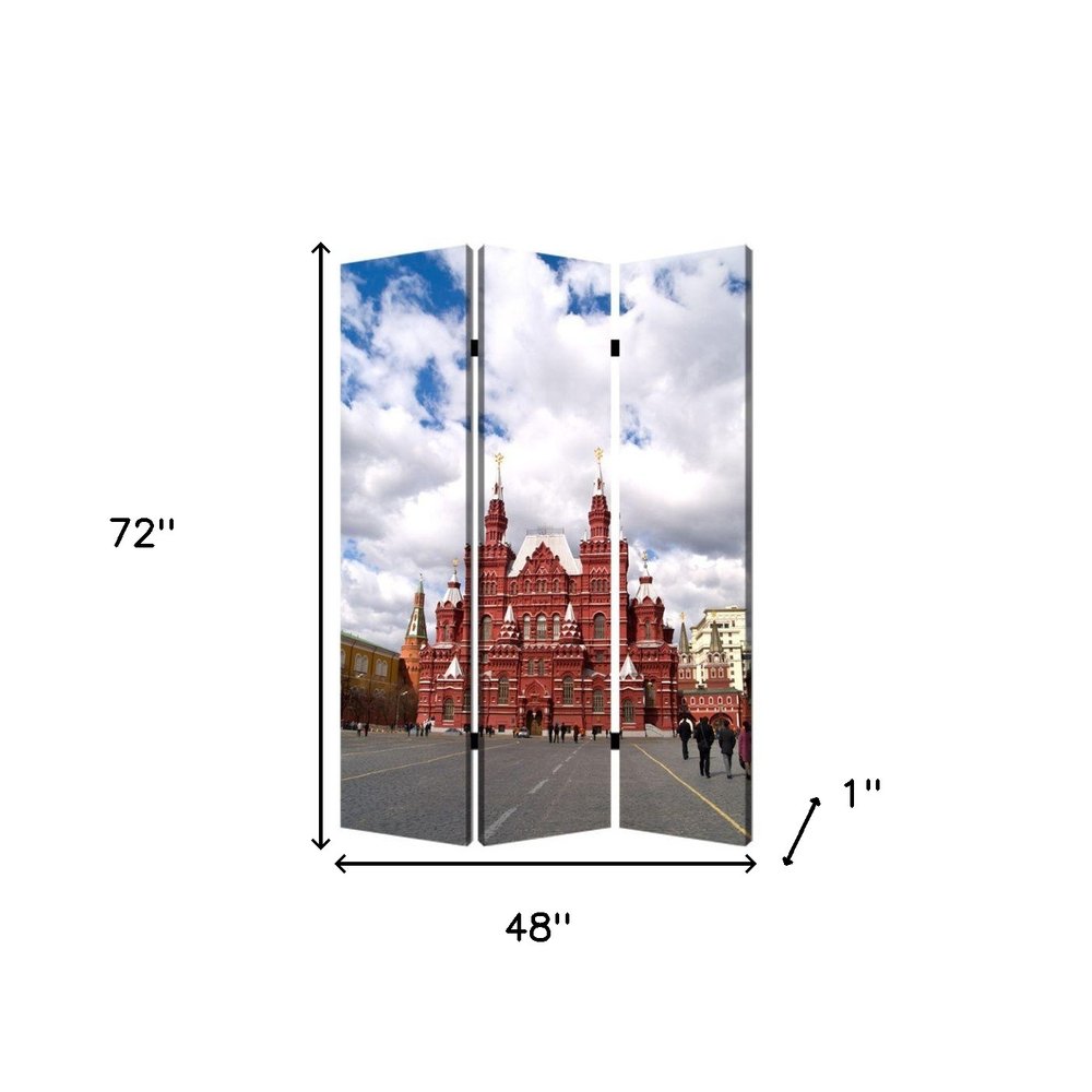 72" Red Blue And Ivory Canvas Folding Three Panel Screen Room Divider