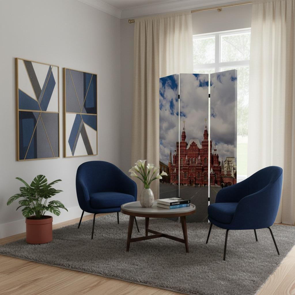 72" Red Blue And Ivory Canvas Folding Three Panel Screen Room Divider