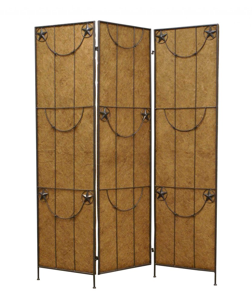 72" Brown Iron Folding Three Panel Screen Room Divider
