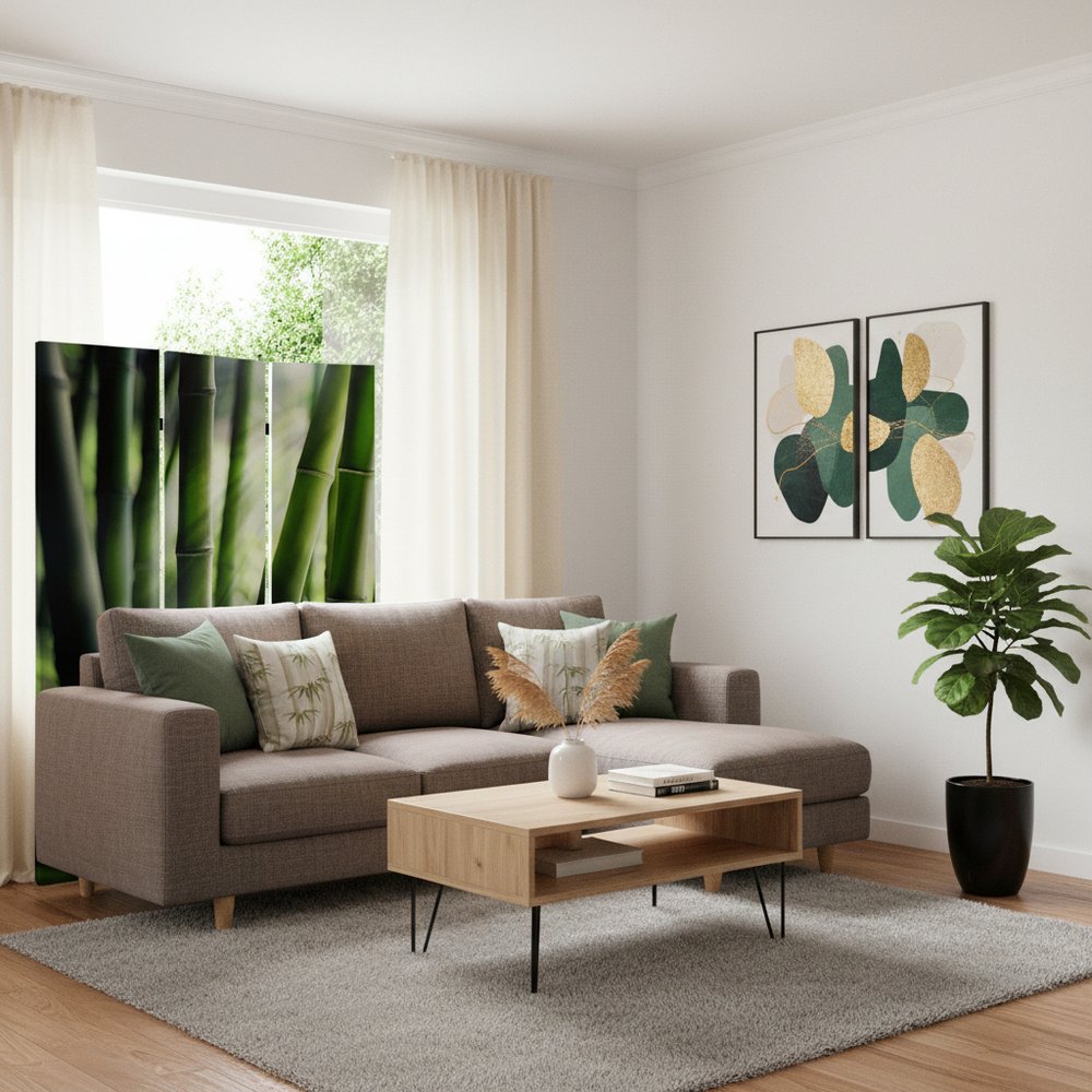 72" Green Canvas Folding Three Panel Screen Room Divider