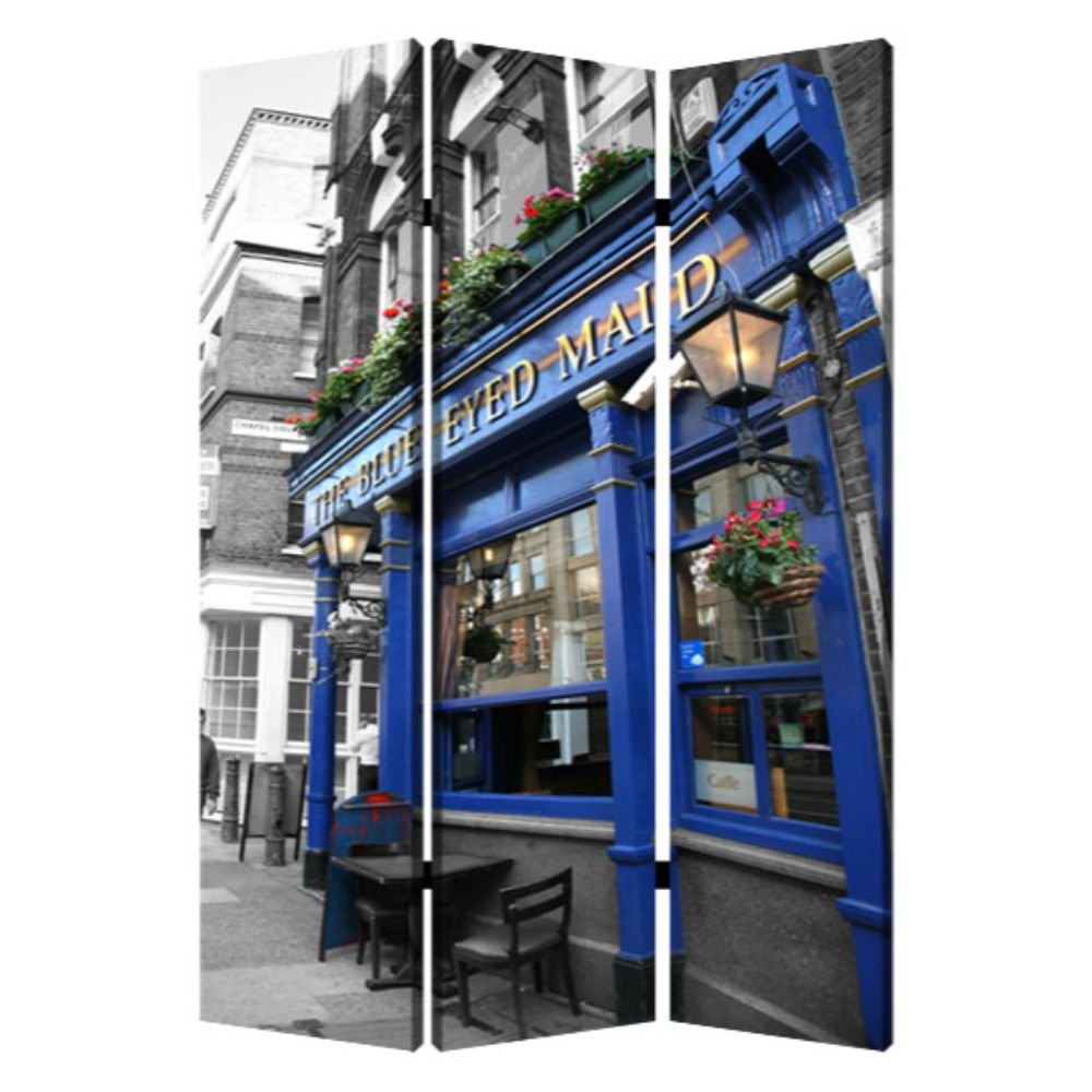 72" Blue And Gray Canvas Folding Three Panel Screen Room Divider