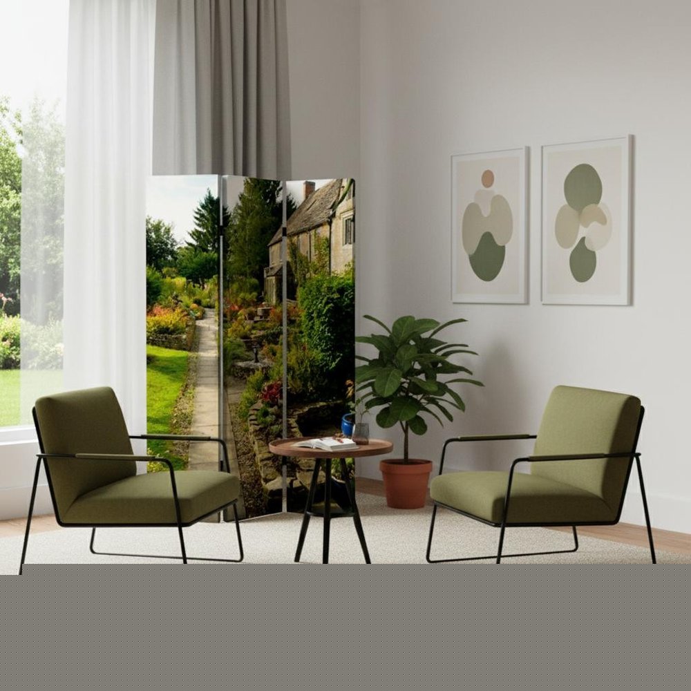 72" Green Canvas Folding Three Panel Screen Room Divider