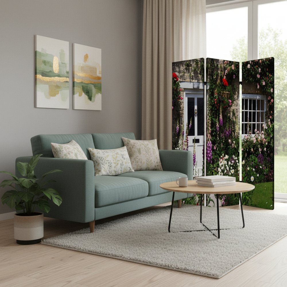 72" Green Canvas Folding Three Panel Screen Room Divider