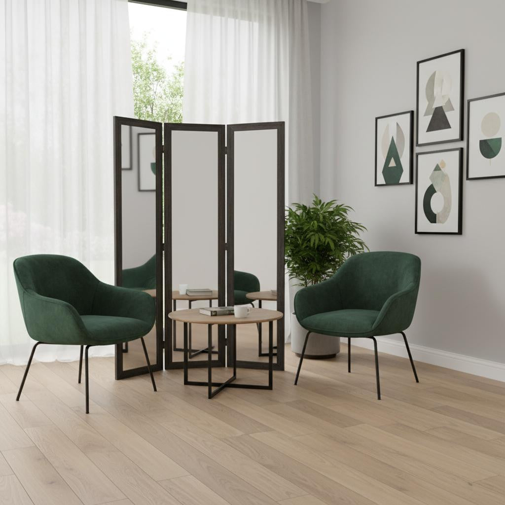 69" Black Wood and Mirrored Glass Folding Three Panel Screen Room Divider