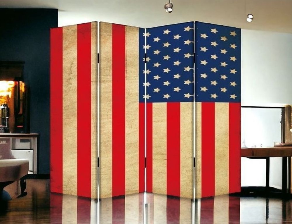 84" Red Natural And Blue American Flag Reversible Canvas Folding Four Panel Room Divider