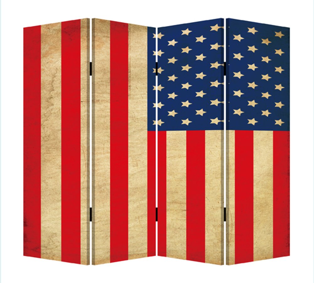 84" Red Natural And Blue American Flag Reversible Canvas Folding Four Panel Room Divider