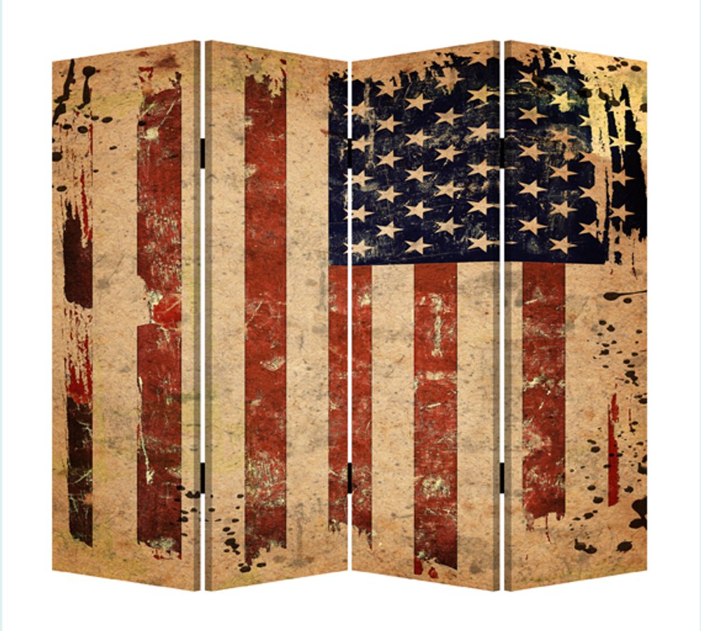 84" Red Natural And Blue American Flag Reversible Canvas Folding Four Panel Room Divider