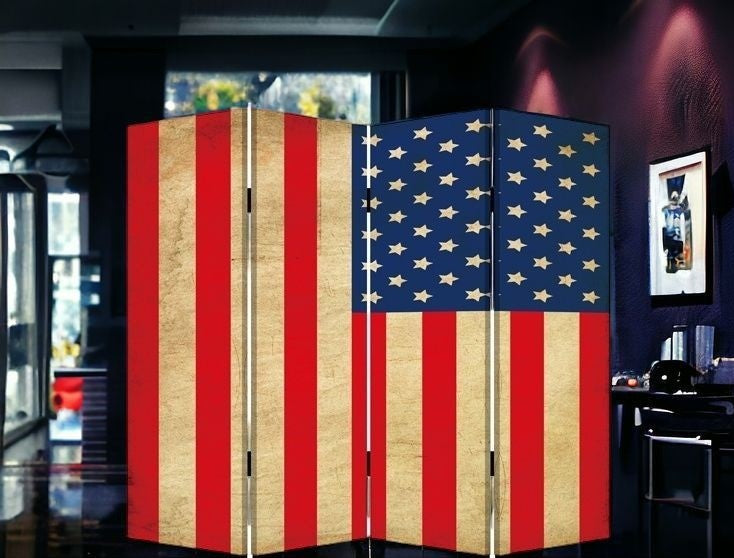 84" X 84" Blue And Red Wood Canvas American Flag Screen