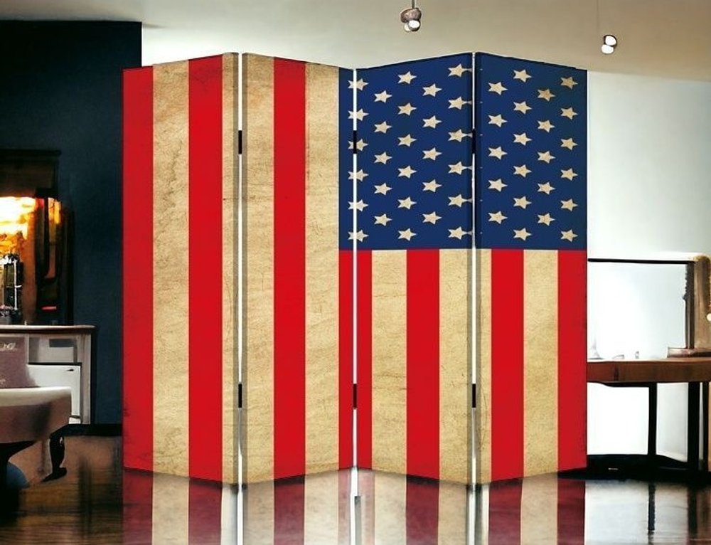 84" Red Natural And Blue American Flag Reversible Canvas Folding Four Panel Room Divider