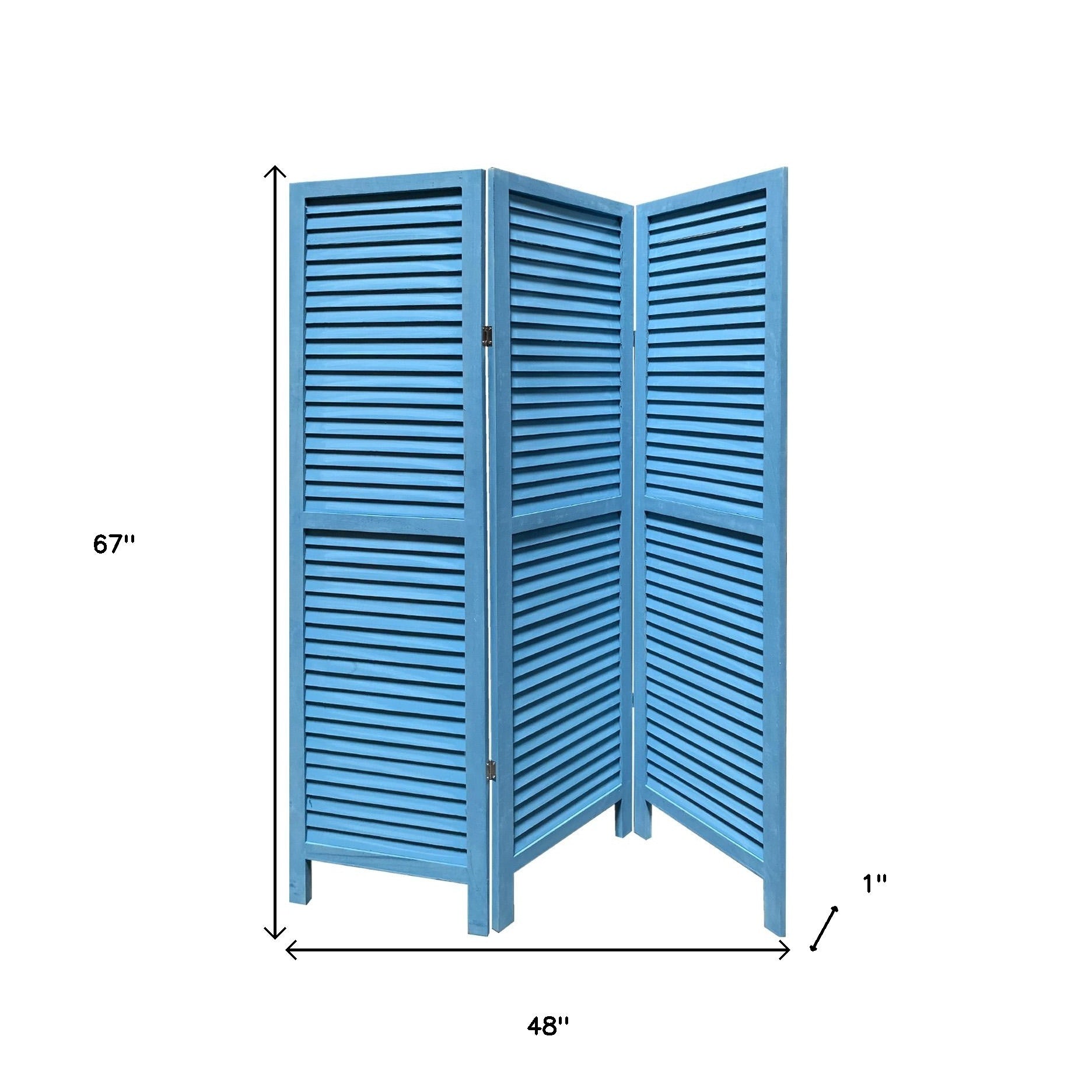 67" Blue Wood Folding Three Panel Screen Room Divider