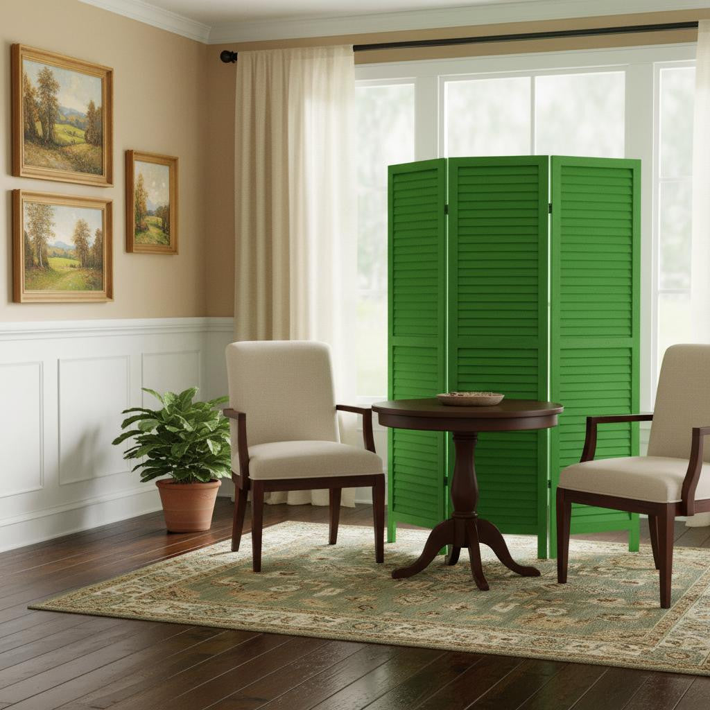 67" Green Wood Folding Three Panel Screen Room Divider