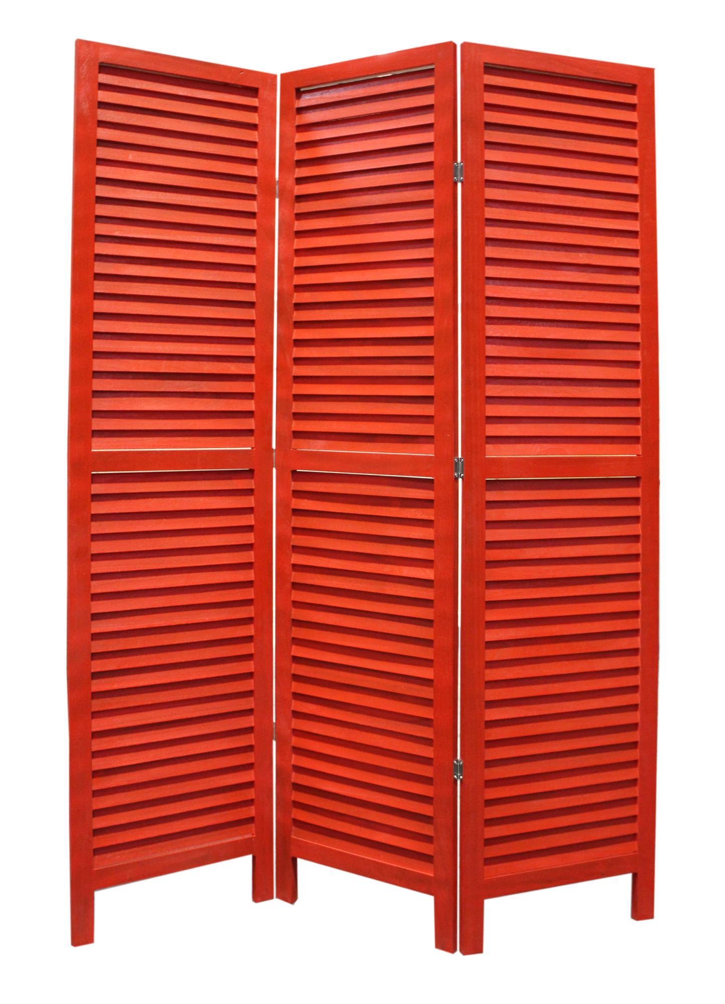 67" Red Wood Folding Three Panel Screen Room Divider