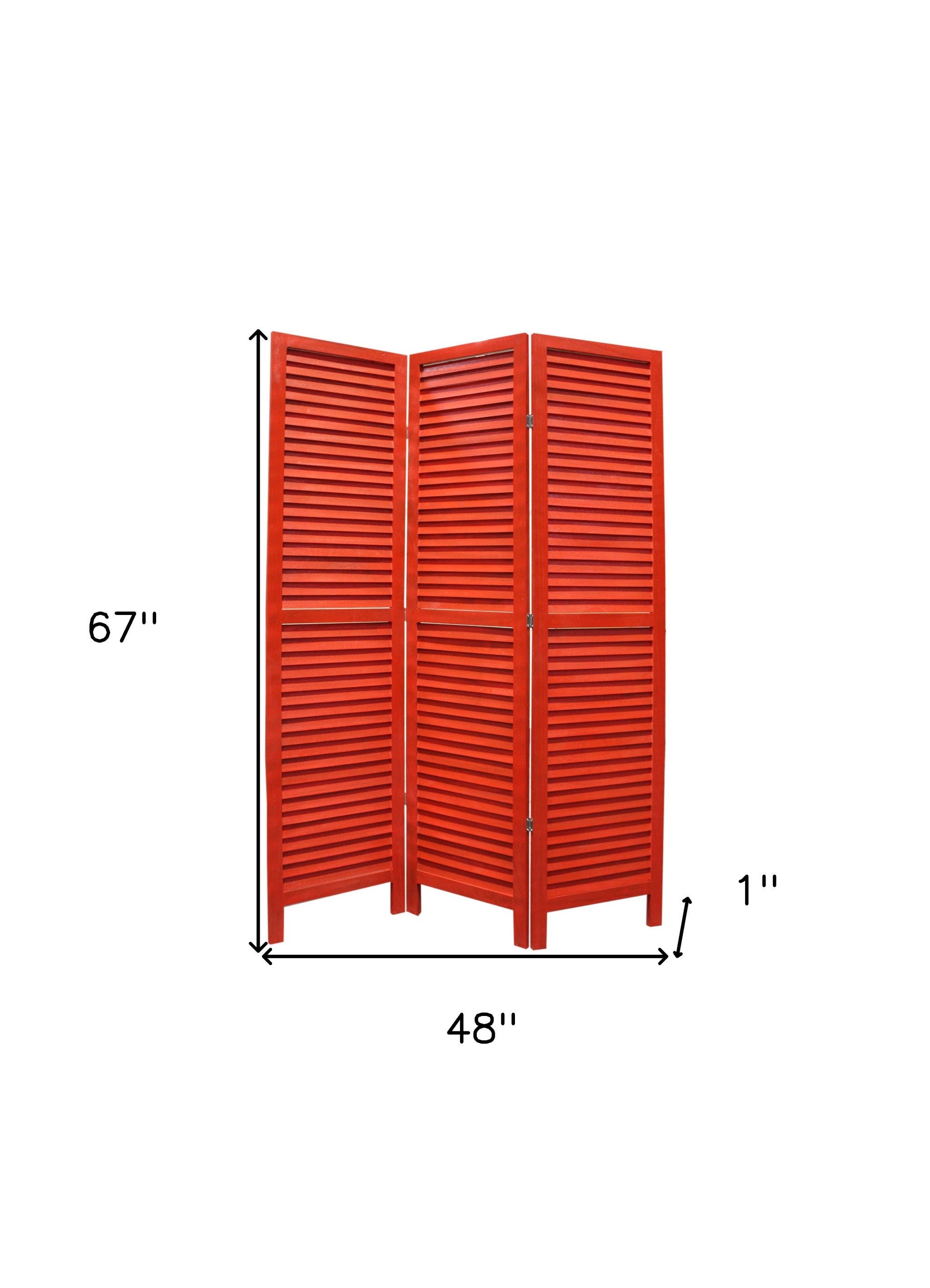67" Red Wood Folding Three Panel Screen Room Divider