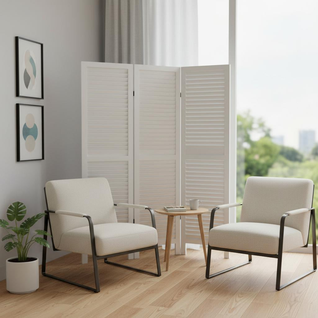 67" White Wood Folding Three Panel Screen Room Divider