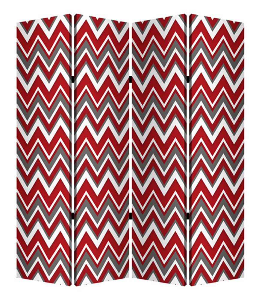 84" Red And Gray Canvas Folding Four Panel Screen Room Divider