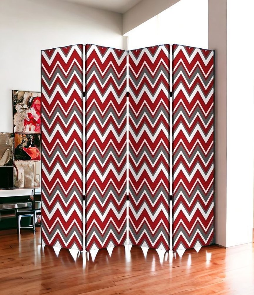84" Red And Gray Canvas Folding Four Panel Screen Room Divider
