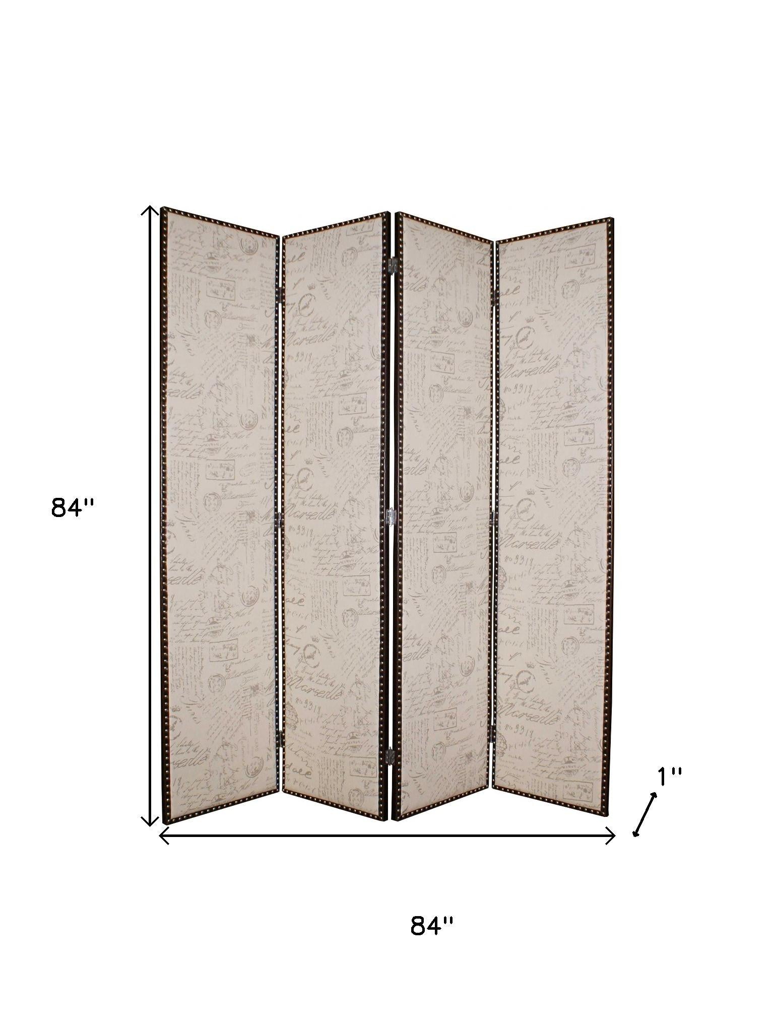 84" Tan Fabric Folding Four Panel Screen Room Divider