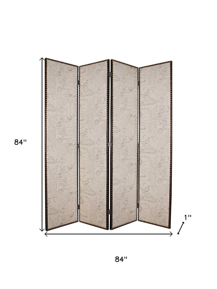 84" Tan Fabric Folding Four Panel Screen Room Divider