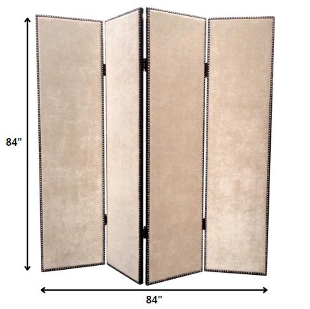 84" Tan Fabric Folding Four Panel Screen Room Divider