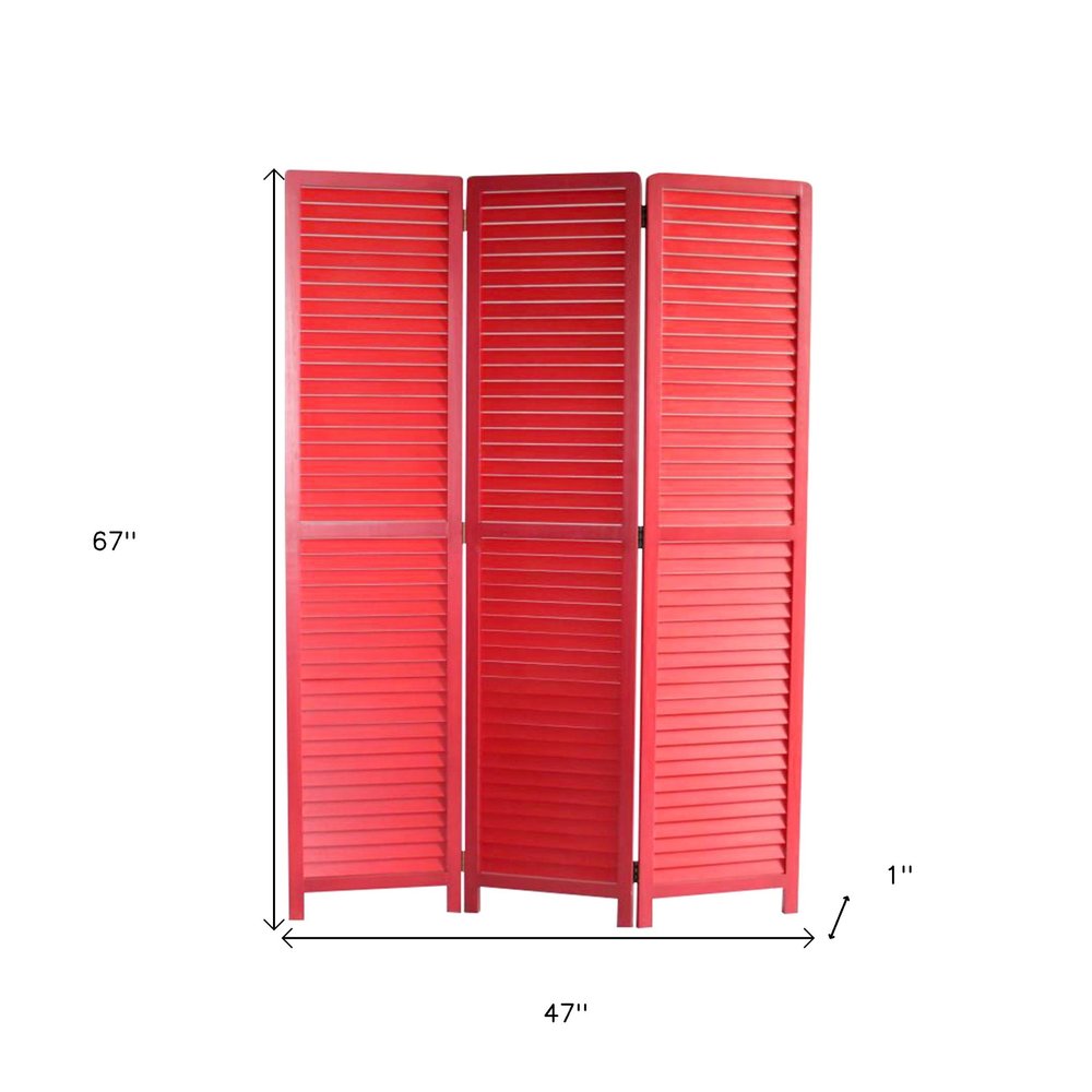 67" Red Wood Folding Three Panel Screen Room Divider