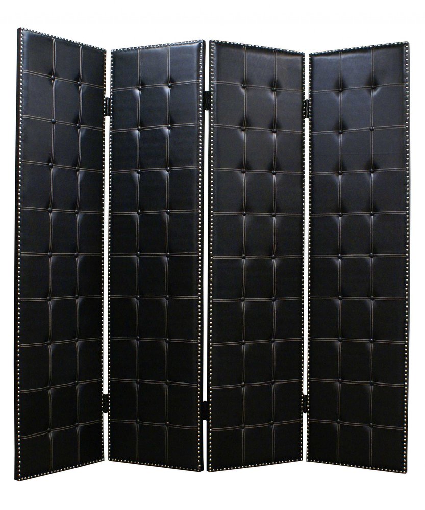84" Black Faux Leather Folding Four Panel Screen Room Divider