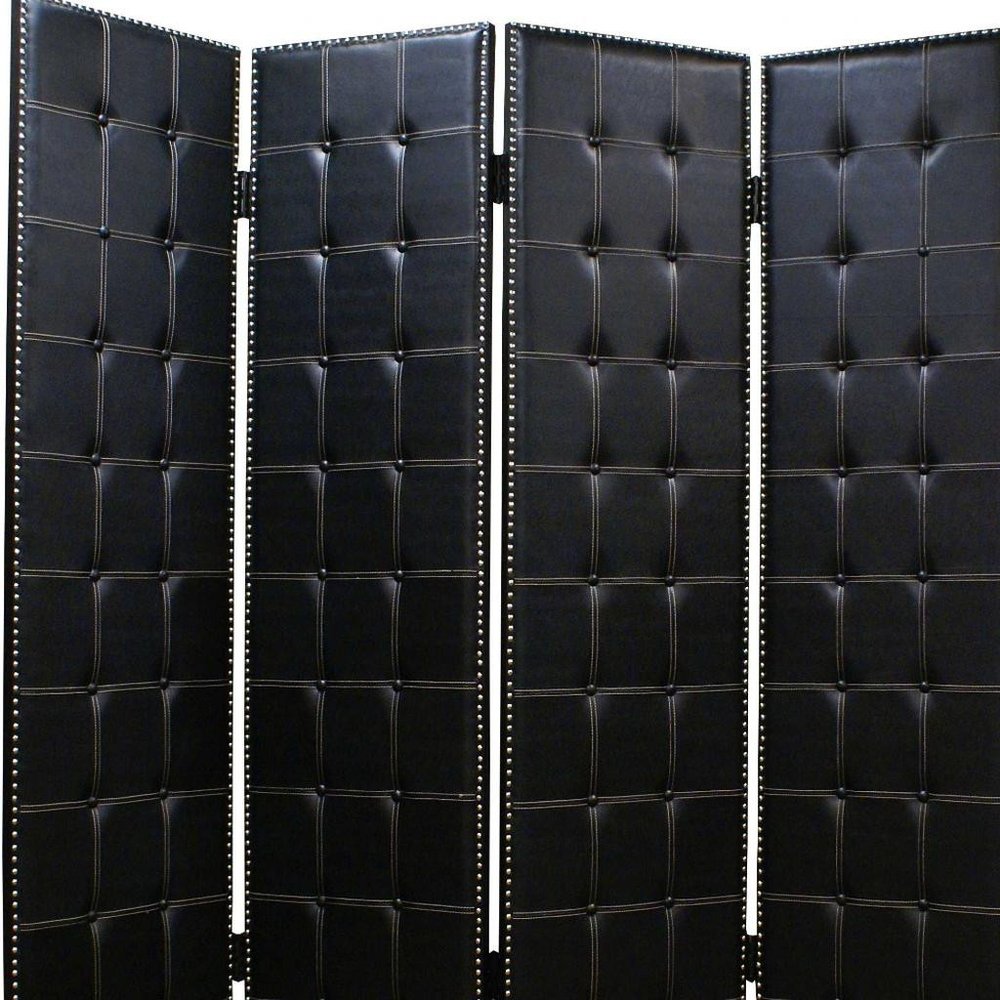84" Black Faux Leather Folding Four Panel Screen Room Divider