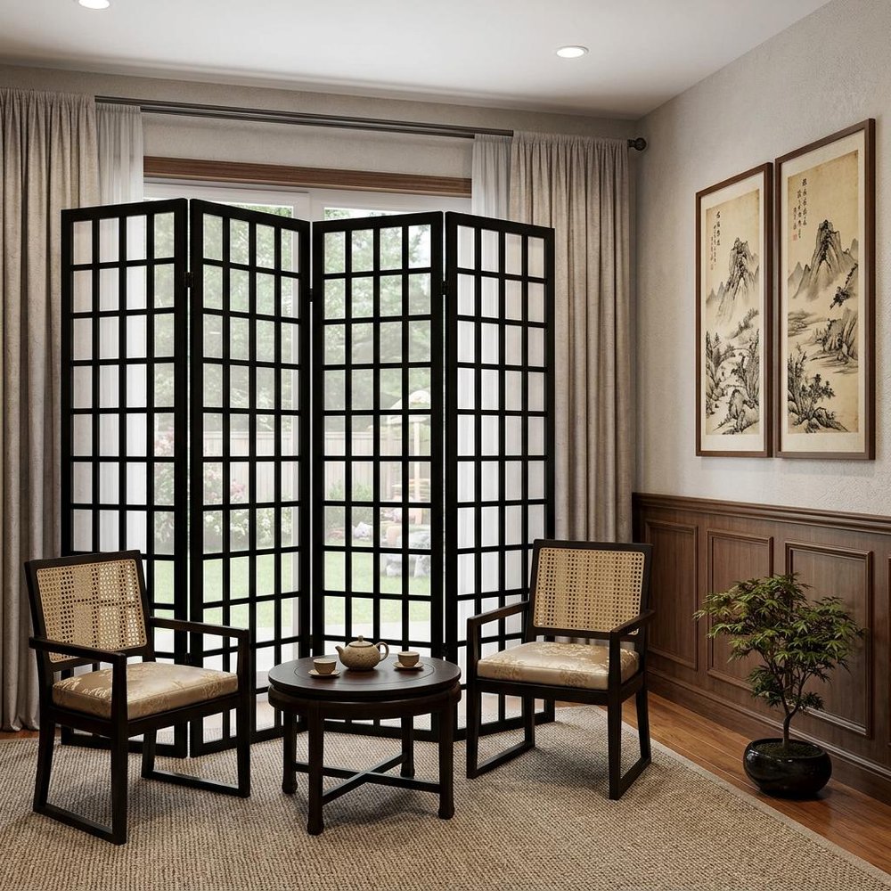 96" Black And White Folding Four Panel Screen Room Divider