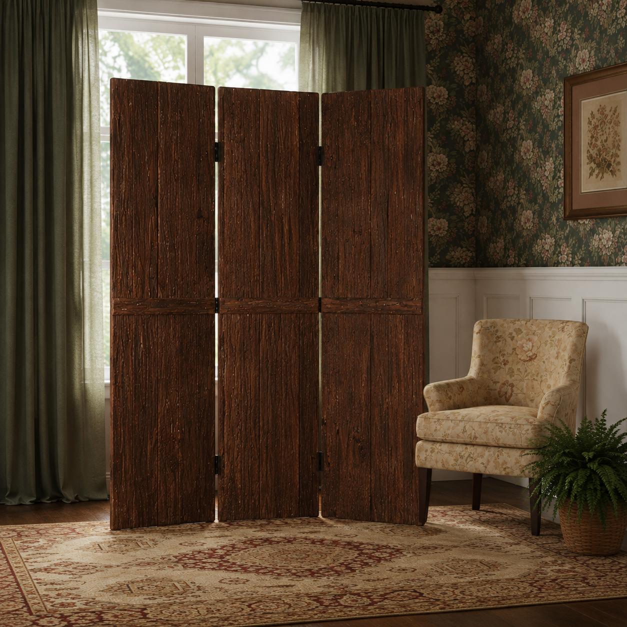 72" Brown Wood Folding Three Panel Screen Room Divider