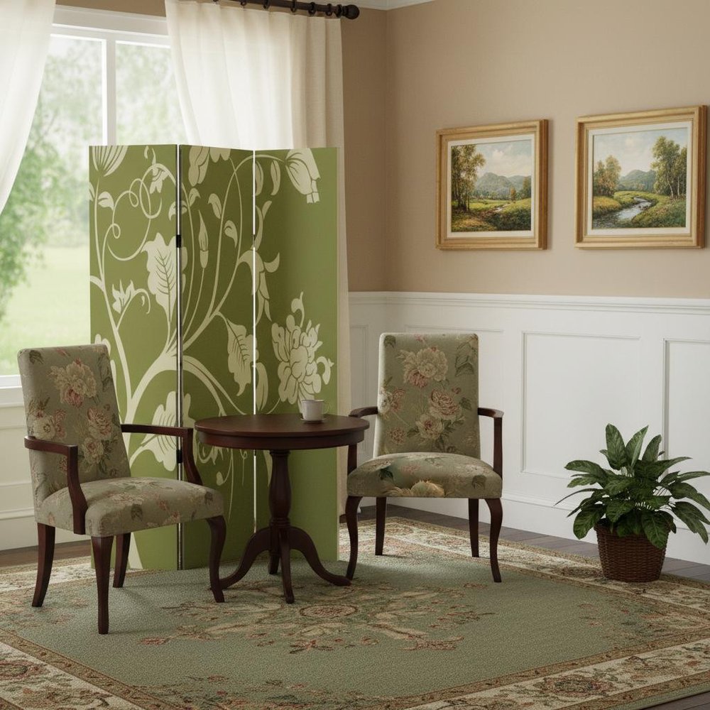 72" Green Canvas Folding Three Panel Screen Room Divider