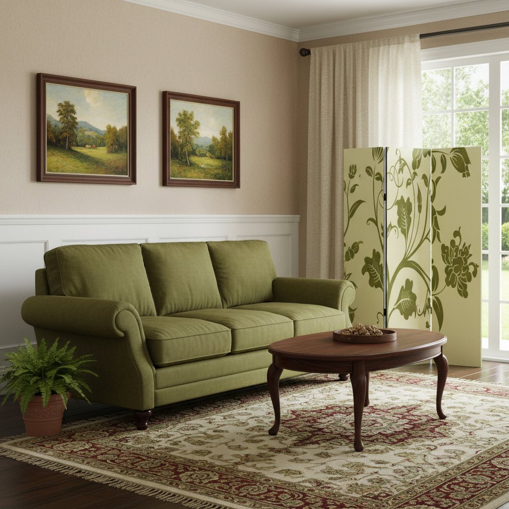 72" Green Canvas Folding Three Panel Screen Room Divider