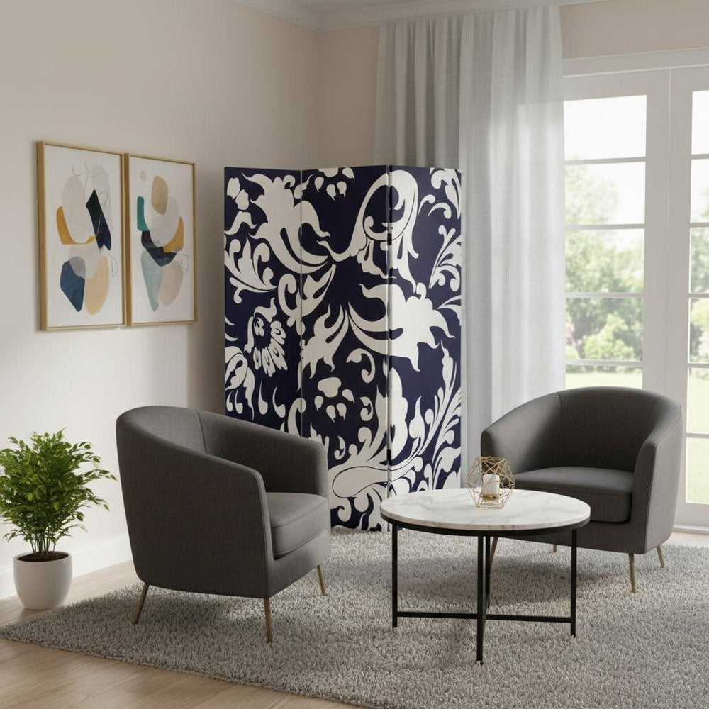 72" Black And White Canvas Folding Three Panel Screen Room Divider