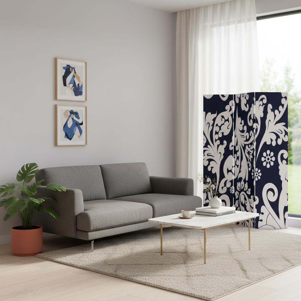 72" Black And White Canvas Folding Three Panel Screen Room Divider
