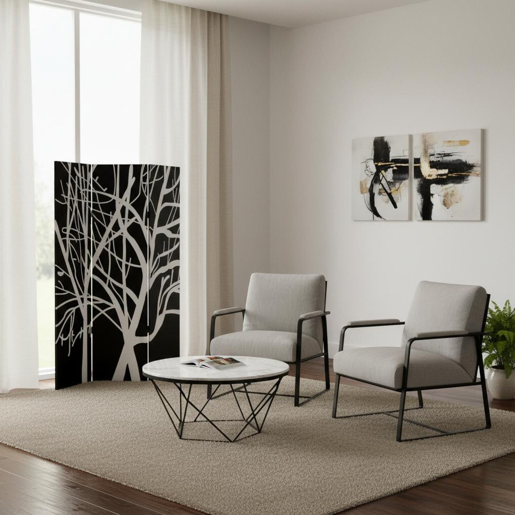 72" Black And White Canvas Folding Three Panel Screen Room Divider