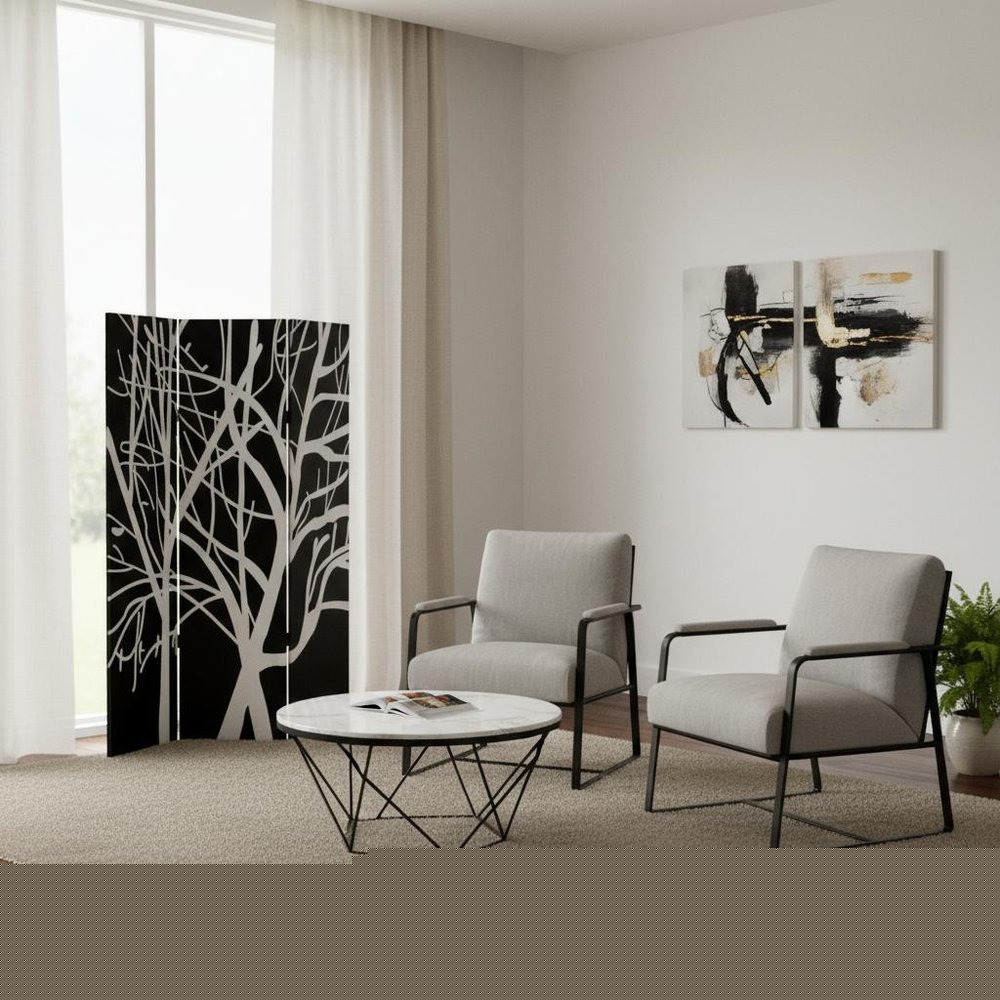 72" Black And White Canvas Folding Three Panel Screen Room Divider