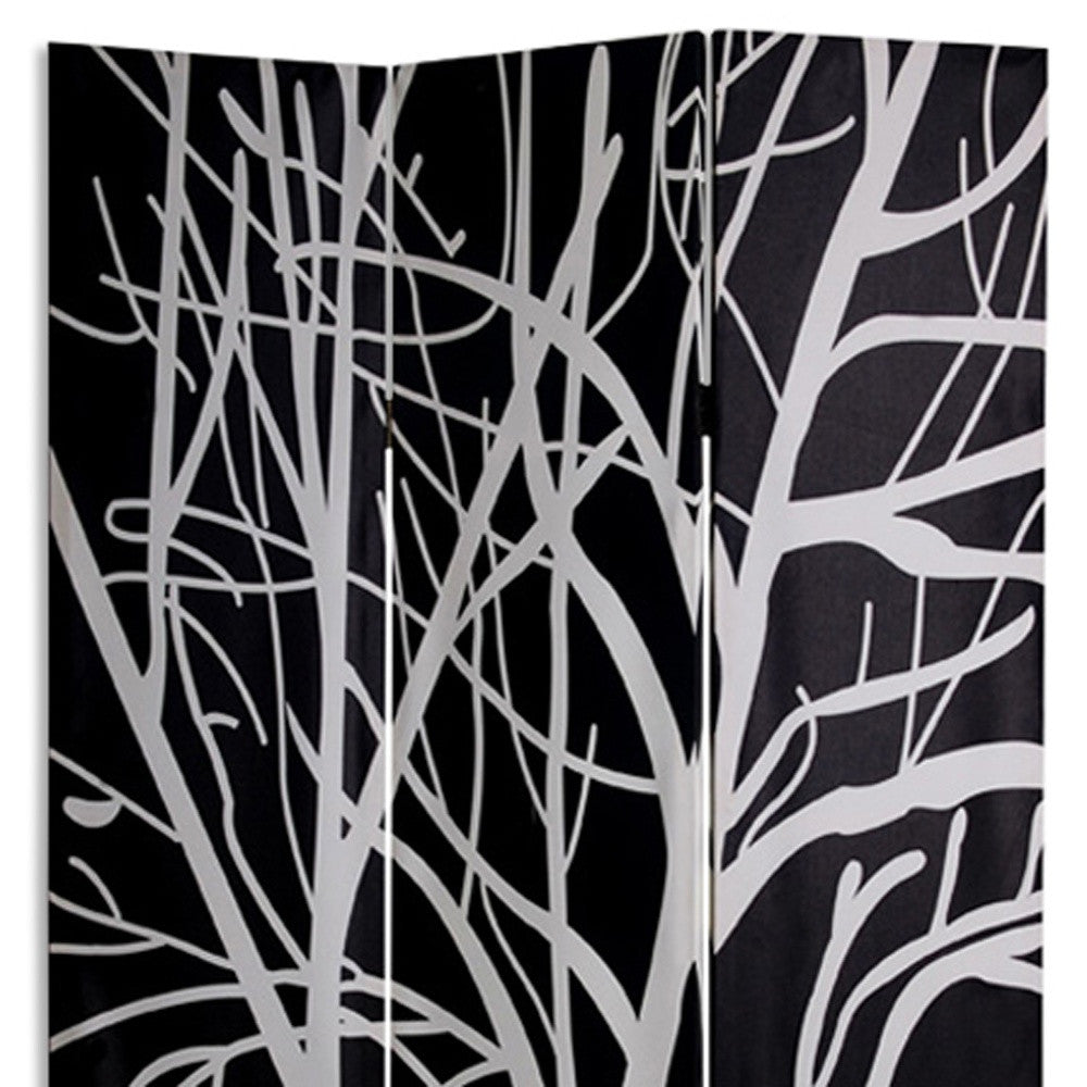72" Black And White Canvas Folding Three Panel Screen Room Divider