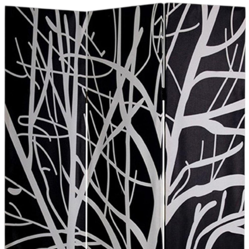 72" Black And White Canvas Folding Three Panel Screen Room Divider