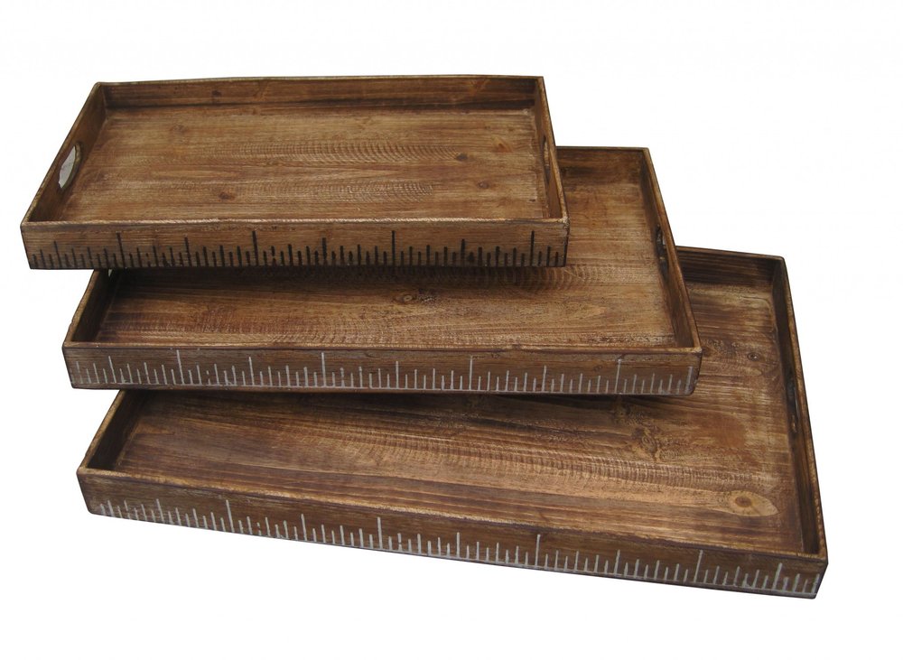 Set of Three Brown Wood Nesting Serving Trays