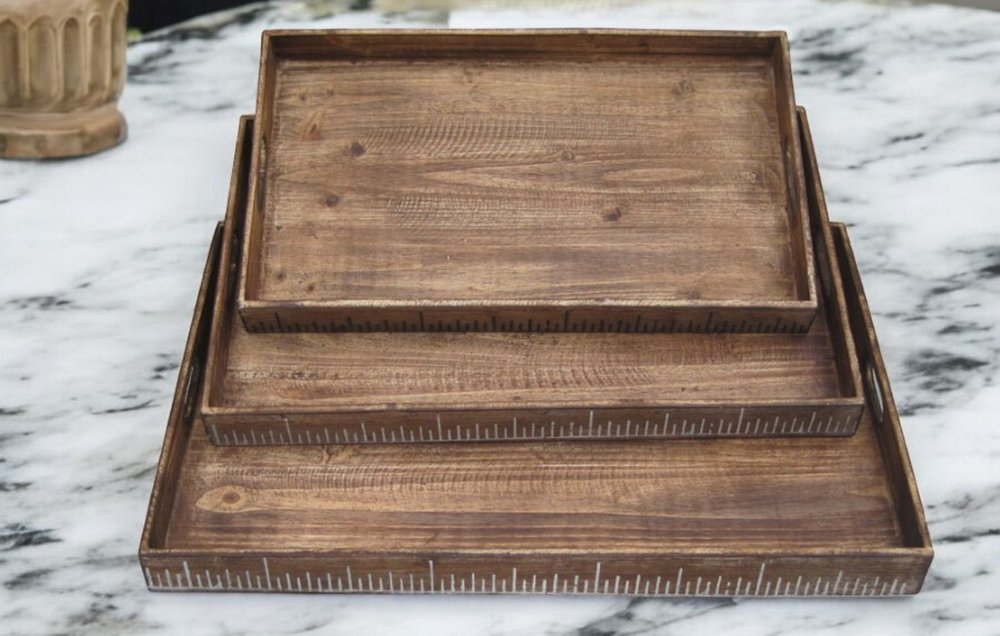Set of Three Brown Wood Nesting Serving Trays