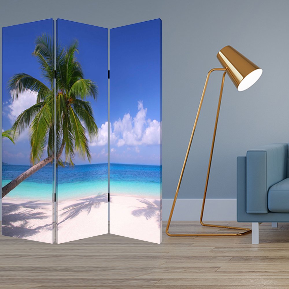 72" Blue And Green Canvas Folding Three Panel Screen Room Divider