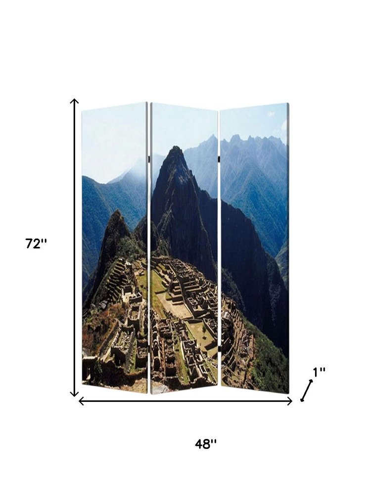 72" Blue And Green Canvas Folding Three Panel Screen Room Divider